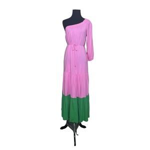 Scoop pink green one shoulder tiered maxi dress size XS